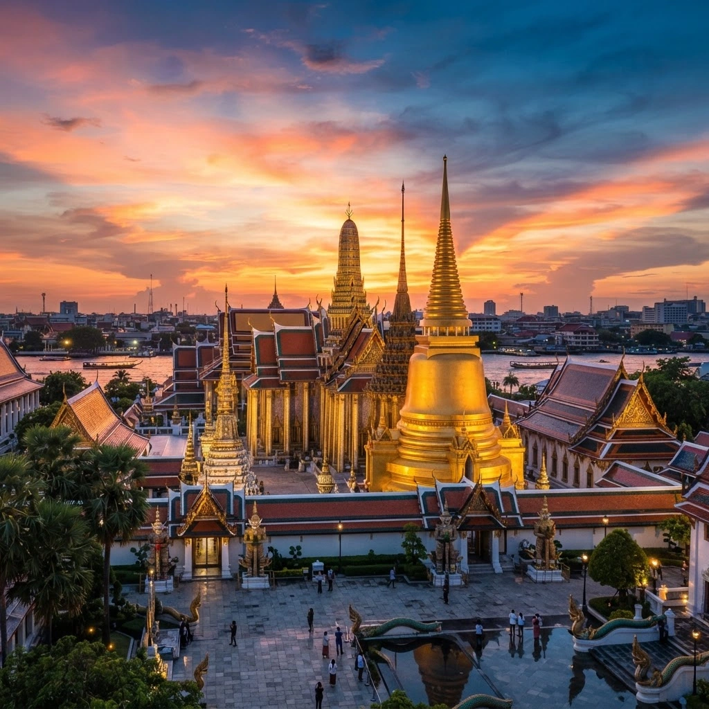 Grand Palace temples Bangkok Thailand at sunset